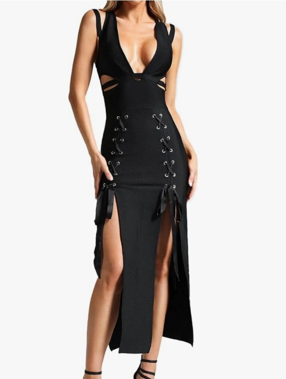 Bella Barnette Deep V Neck Cutout Body Con Maxi Dress